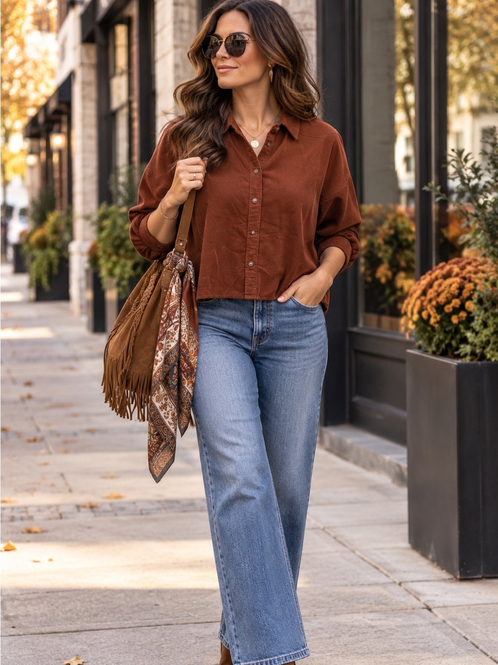 Madewell Women's Oversized Rust Brown Button-Front Corduroy Cropped Shirt M